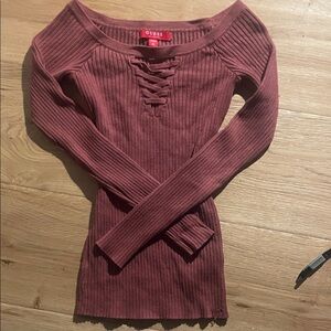 Vintage GUESS Ribbed Lace-Up Off-Shoulder Top in Dusty Rose